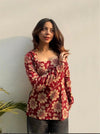 Women's Red Cream Floral Print Square-Neck Short Kurti