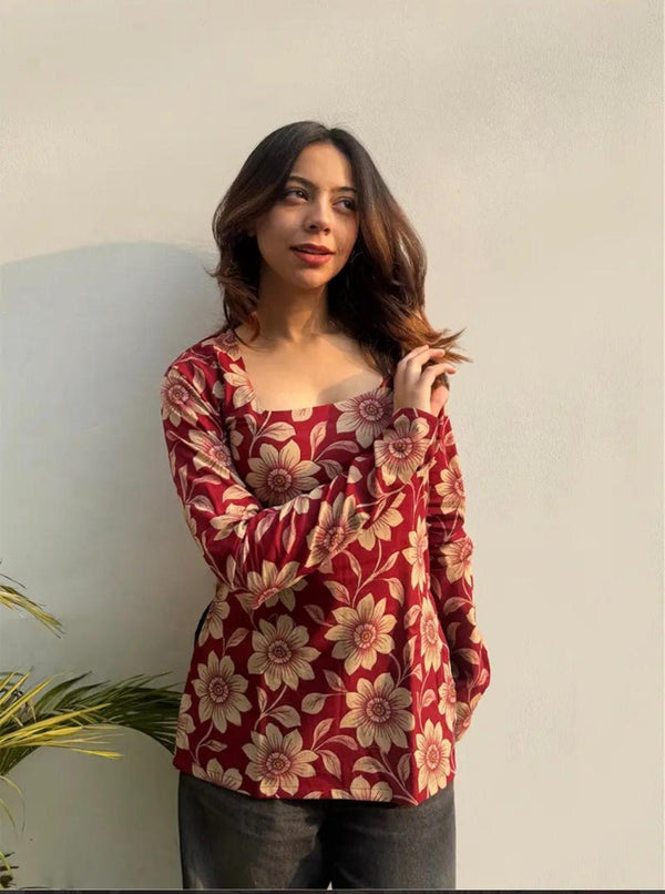 Women's Red Cream Floral Print Square-Neck Short Kurti
