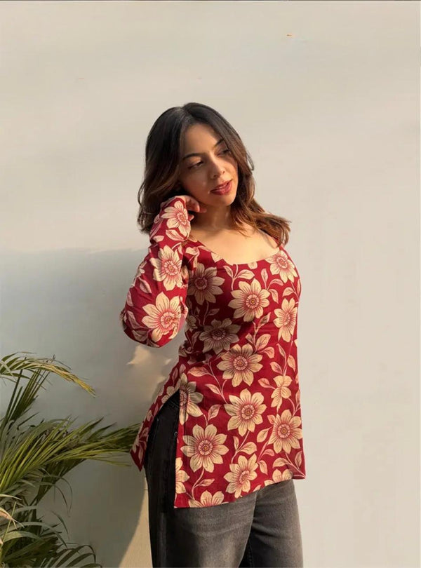 Women's Red Cream Floral Print Square-Neck Short Kurti