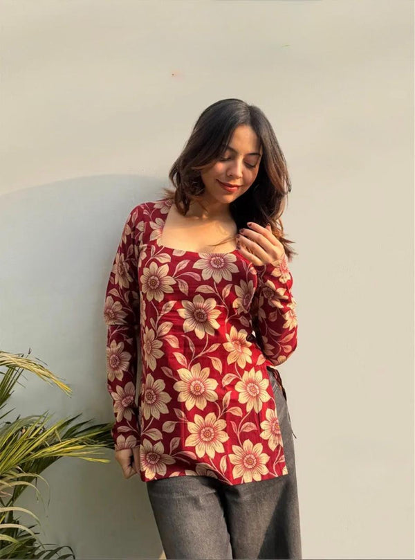 Women's Red Cream Floral Print Square-Neck Short Kurti