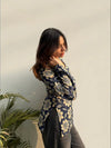 Women's Navy Cream Floral Print V-Neck Short Kurti