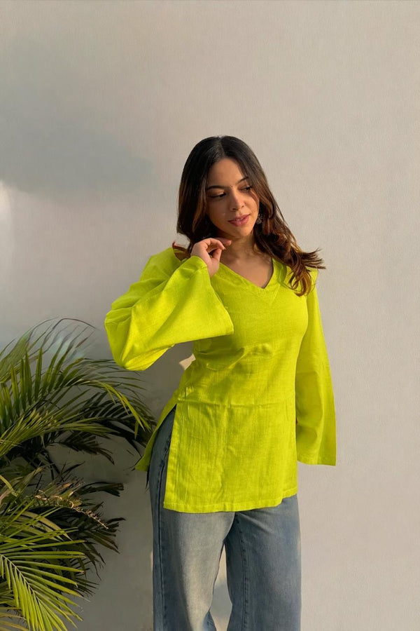 Women's Lime Green Solid V-Neck Short Kurti