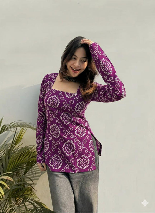 Women's Purple Ornamental Print Square-Neck Short Kurti