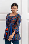 Women's Navy Multicolour Stripe Print Peplum Top with Tassels