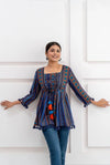 Women's Navy Multicolour Stripe Print Peplum Top with Tassels