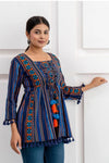 Women's Navy Multicolour Stripe Print Peplum Top with Tassels