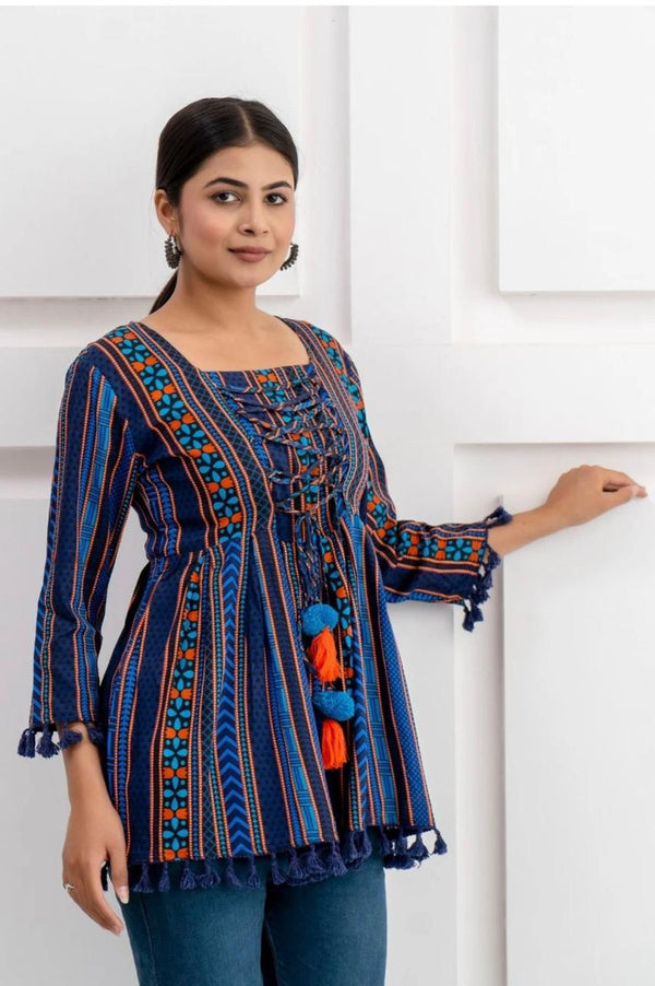 Women's Navy Multicolour Stripe Print Peplum Top with Tassels