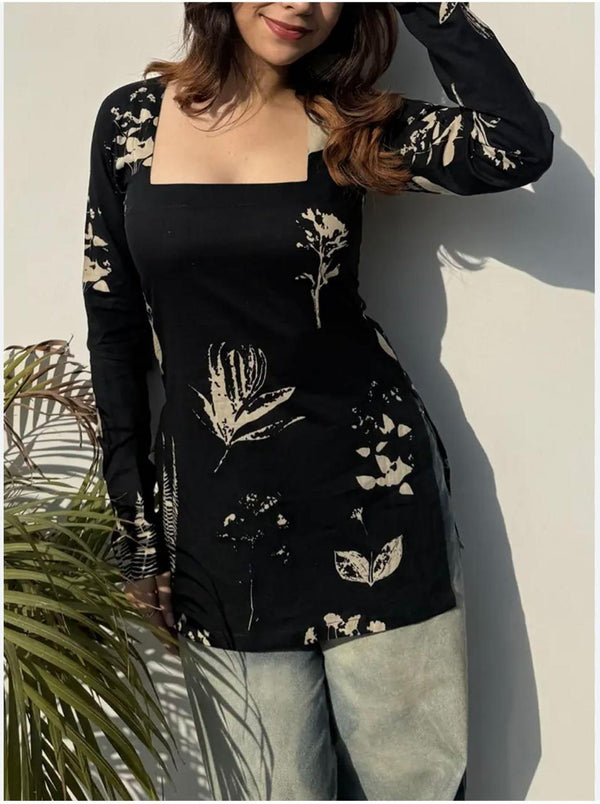 Women's Black Botanical Print Square-Neck Short Kurti