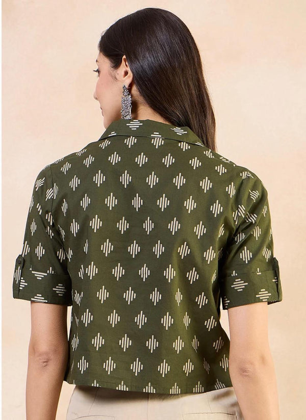 Women's Olive Abstract Motif Print Cropped Shirt