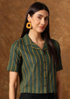Women's Green Yellow Stripe Print Cropped Shirt