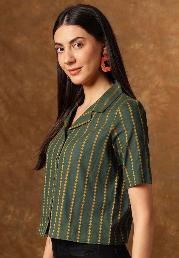 Women's Green Yellow Stripe Print Cropped Shirt