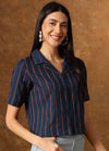 Women's Navy Multicolour Stripe Print Cropped Shirt