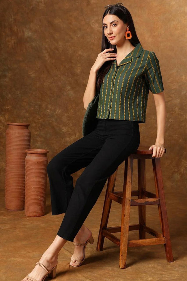 Women's Green Yellow Stripe Print Cropped Shirt