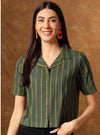 Women's Green Yellow Stripe Print Cropped Shirt