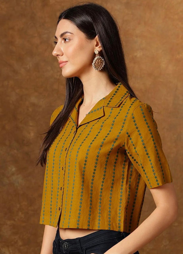 Women's Mustard Stripe Print Cropped Shirt