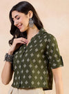 Women's Olive Abstract Motif Print Cropped Shirt