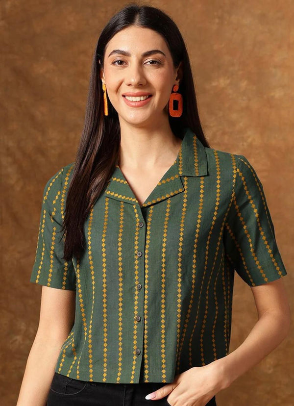 Women's Green Yellow Stripe Print Cropped Shirt