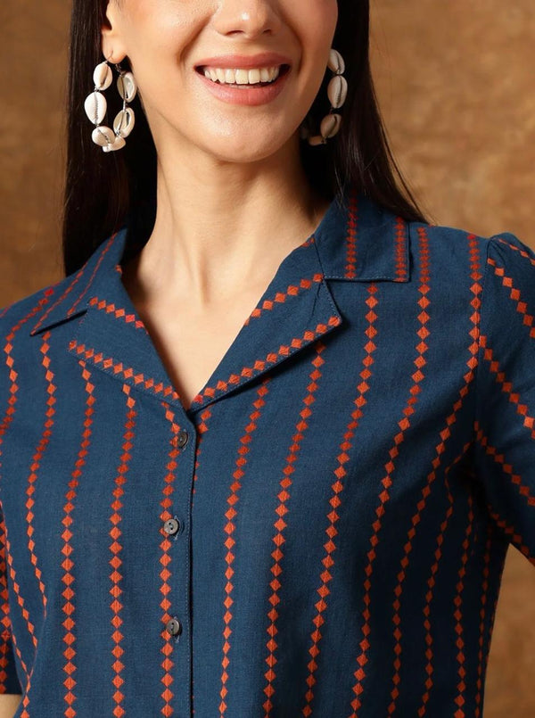 Women's Navy Multicolour Stripe Print Cropped Shirt
