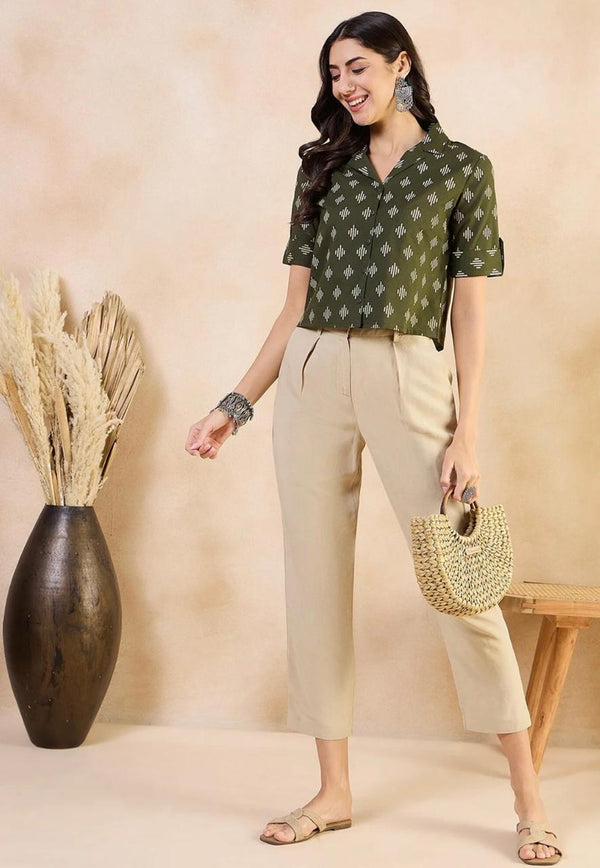 Women's Olive Abstract Motif Print Cropped Shirt