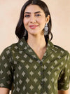 Women's Olive Abstract Motif Print Cropped Shirt