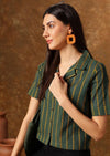 Women's Green Yellow Stripe Print Cropped Shirt