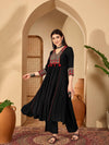 Women's Black Decorative-Yoke Anarkali Suit Set with Red Dupatta